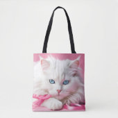 Witte kat met roze linten tote bag (Voorkant)