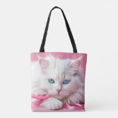 Witte kat met roze linten tote bag (Achterkant)