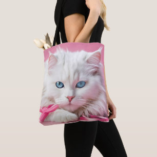 Witte kat met roze linten tote bag
