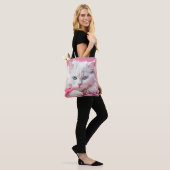 Witte kat met roze linten tote bag (Op model)