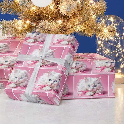 Witte Kat Met Roze Lintjes Cadeaupapier (Feestdagen)