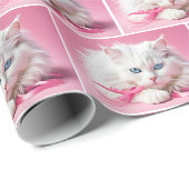 Witte Kat Met Roze Lintjes Cadeaupapier (Rol Hoek)