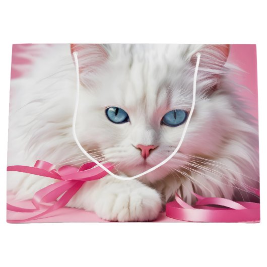 Witte Kat Met Roze Lintjes Groot Cadeauzakje (Voorkant)