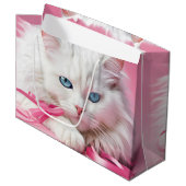 Witte Kat Met Roze Lintjes Groot Cadeauzakje (Voorkant Gekanteld)