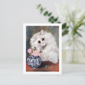 Witte kat met roze rozen, Louis Wain Briefkaart (Staand voorkant)