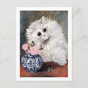 Witte kat met roze rozen, Louis Wain Briefkaart
