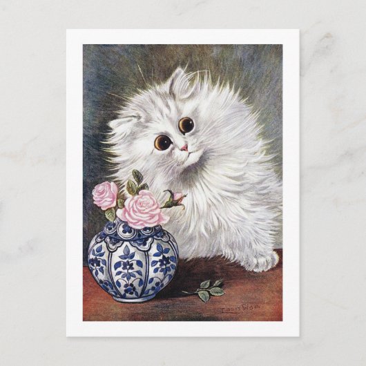 Witte kat met roze rozen, Louis Wain Briefkaart (Voorkant)