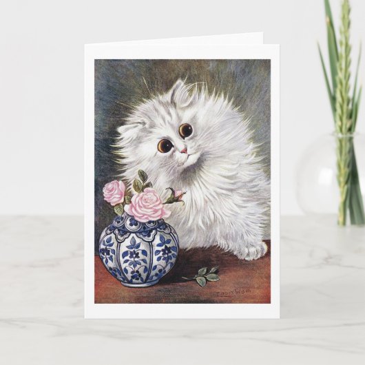 Witte kat met roze rozen, Louis Wain Kaart (Voorkant)