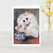 Witte kat met roze rozen, Louis Wain Kaart (Gele Bloem)