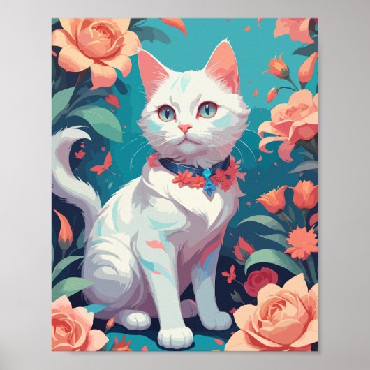 Witte Kat met roze rozen Poster (Voorkant)