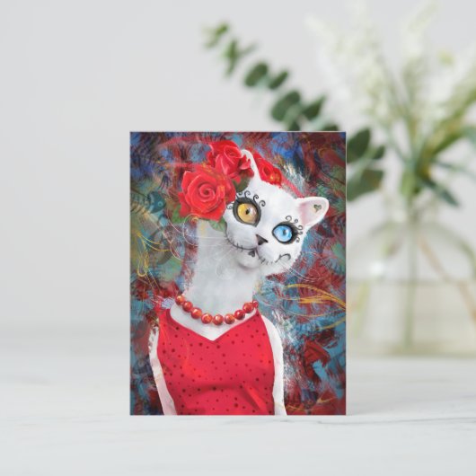 Witte kat met rozen briefkaart (Staand voorkant)