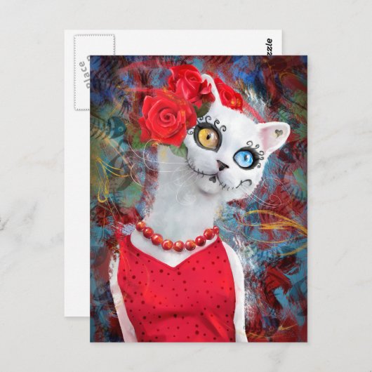 Witte kat met rozen briefkaart (Voorkant / Achterkant)