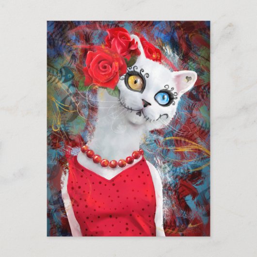 Witte kat met rozen briefkaart (Voorkant)