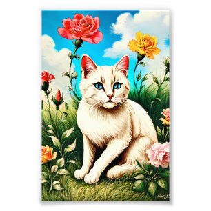 Witte kat met rozen en tuinbloemen foto afdruk