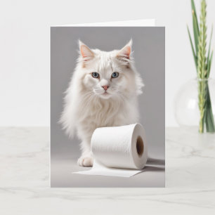 Witte kat met toiletpapier kaart
