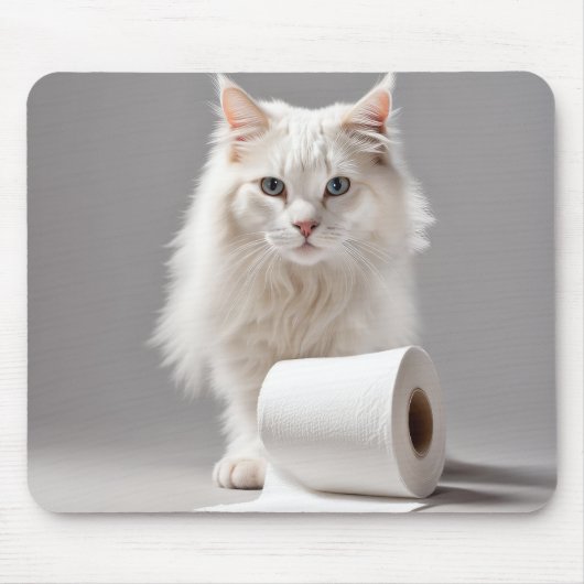 Witte kat met toiletpapier muismat (Voorkant)