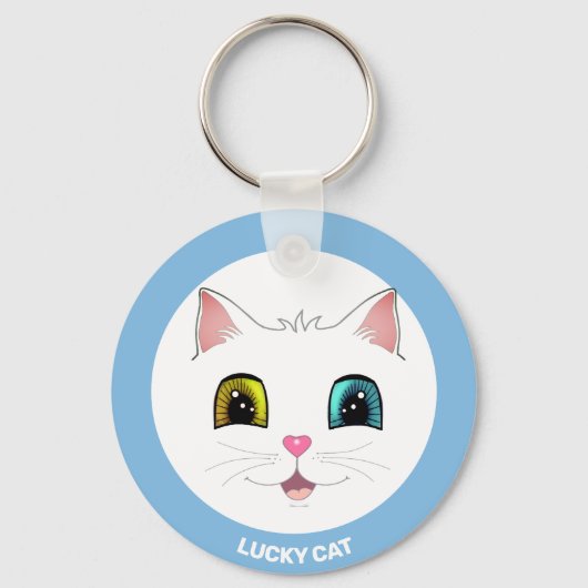 Witte Kat met Twee Verschillende Gekleurde Ogen Sleutelhanger (Voorkant)