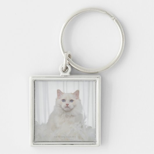 Witte kat met veren sleutelhanger (Voorkant)