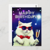 Witte kat met zonnebril proost op verjaardag  briefkaart (Voorkant / Achterkant)
