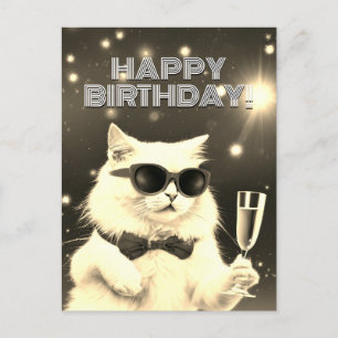 Witte kat met zonnebril proostend op Verjaardag  Briefkaart