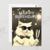 Witte kat met zonnebril proostend op Verjaardag  Briefkaart (Voorkant / Achterkant)