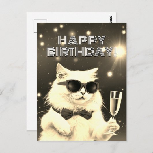 Witte kat met zonnebril proostend op Verjaardag  Briefkaart (Voorkant / Achterkant)