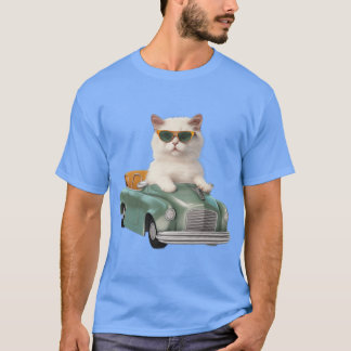 Witte kat met zonnebril rijdt in een auto retro ca t-shirt