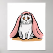 Witte kat onder een roze deken sticker poster (Voorkant)