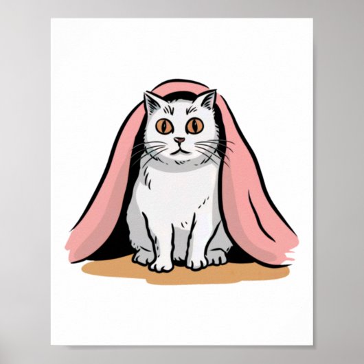 Witte kat onder een roze deken sticker poster (Voorkant)