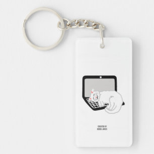 Witte kat op laptoprechthoekige Sleutelhanger