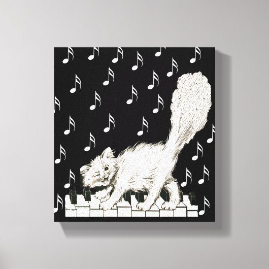 Witte kat op piano Keys Musical Notes Canvas Afdruk (Voorkant)