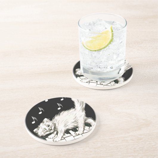 Witte Kat op Piano Keys Zandsteen Onderzetter (Zijkant)