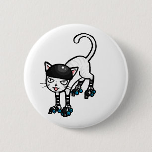 Witte kat op rolschaatsen ronde button 5,7 cm