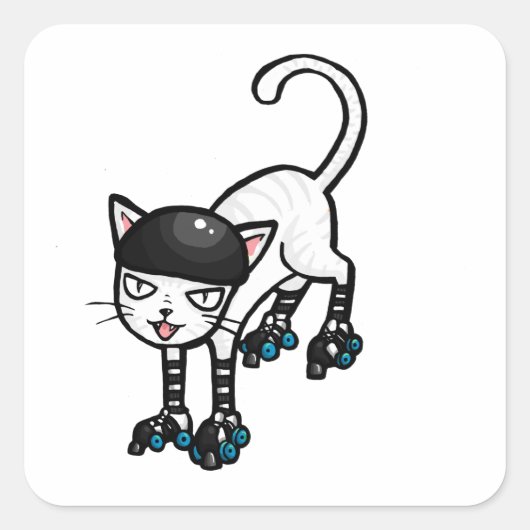 Witte kat op rolschaatsen vierkante sticker (Voorkant)
