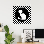 Witte kat op zwarte en witte pooldots poster (Thuiskantoor)