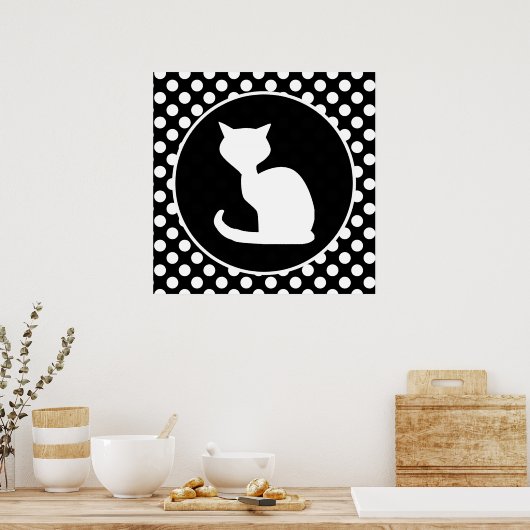 Witte kat op zwarte en witte pooldots poster (Keuken)