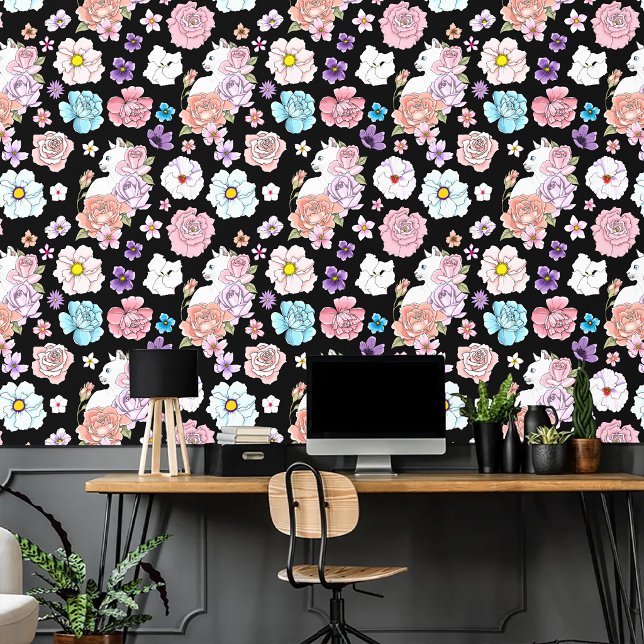Witte kat pastel bloem zwart romantisch botanisch behang (Creator heeft geüpload)