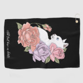 Witte kat pastel bloem zwart romantisch botanisch golfhanddoek (Horizontaal)