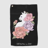 Witte kat pastel bloem zwart romantisch botanisch golfhanddoek (Voorkant)