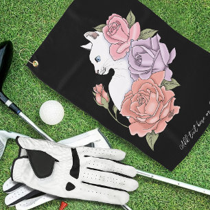 Witte kat pastel bloem zwart romantisch botanisch golfhanddoek