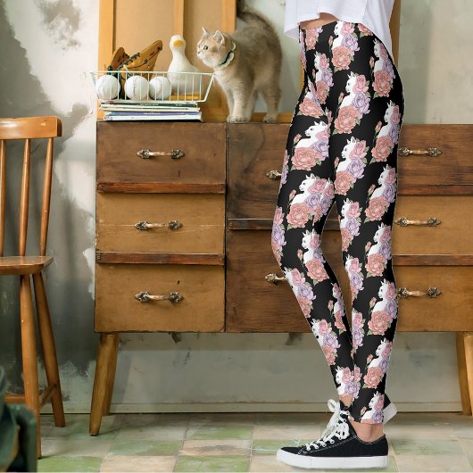 Witte kat pastel bloem zwart romantisch botanisch leggings