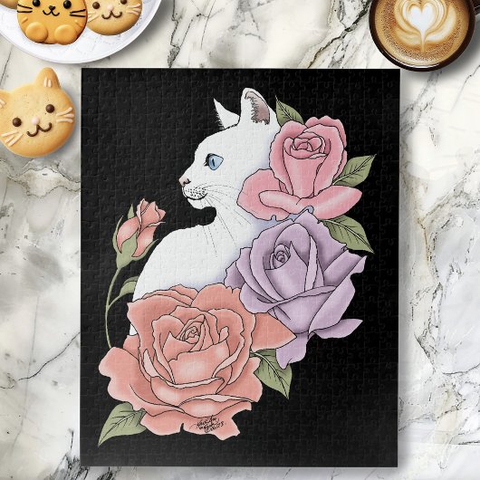 Witte kat pastel bloem zwart romantisch botanisch legpuzzel