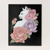 Witte kat pastel bloem zwart romantisch botanisch legpuzzel (Verticaal)