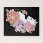 Witte kat pastel bloem zwart romantisch botanisch legpuzzel (Horizontaal)