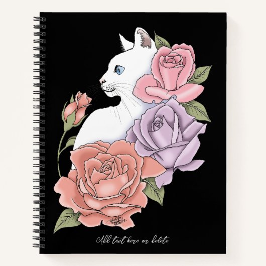 Witte kat pastel bloem zwart romantisch botanisch notitieboek (Voorkant)