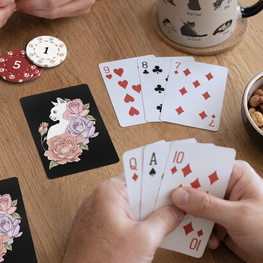 Witte kat pastel bloem zwart romantisch botanisch pokerkaarten