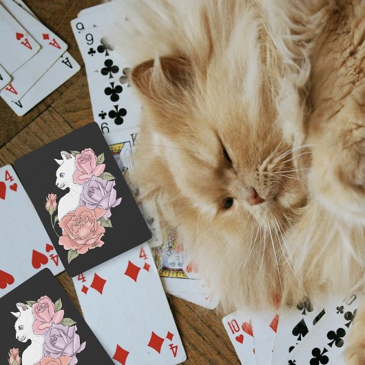 Witte kat pastel bloem zwart romantisch botanisch pokerkaarten