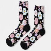 Witte kat pastel bloem zwart romantisch botanisch sokken (Links)