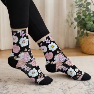 Witte kat pastel bloem zwart romantisch botanisch sokken