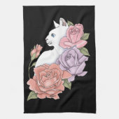 Witte kat pastel bloem zwart romantisch botanisch theedoek (Verticaal)